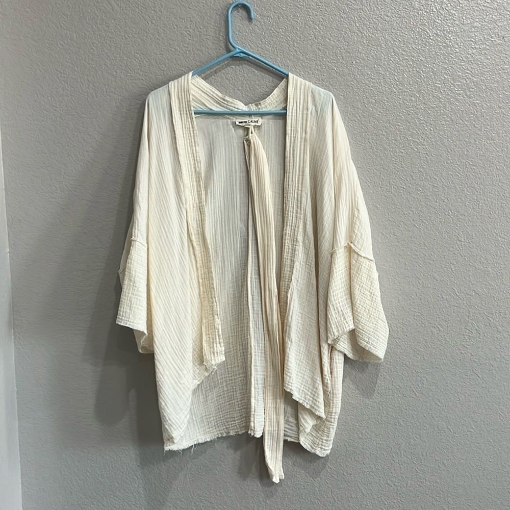 Johnny Was Calme Organic Cotton Gauze Kimono Short Robe cream Sz XS/S